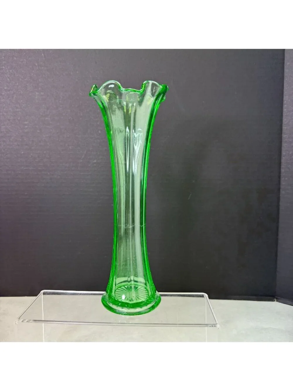 Vintage Uranium Green Glow Glass Ruffle Top Ribbed Vase 10 Inch